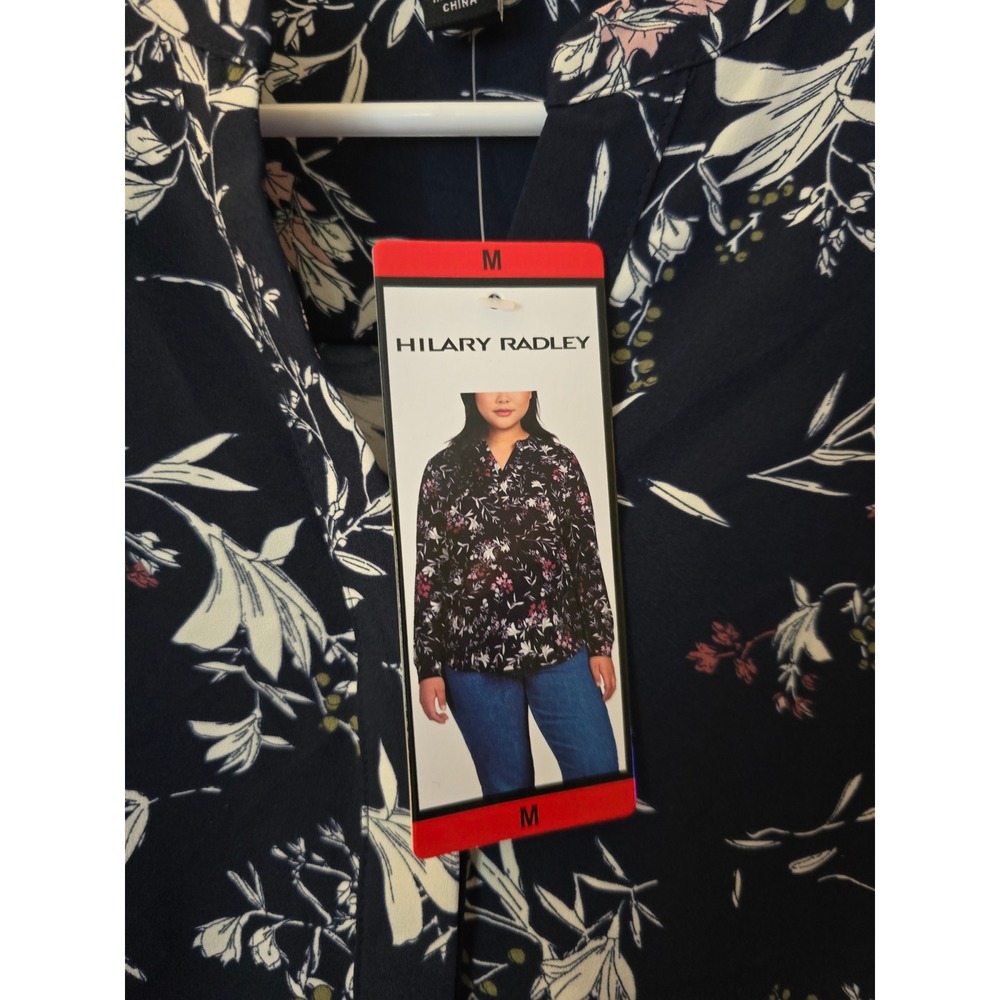 Hilary Radley Womens Navy Blue Floral Split V-Neck Long Sleeve Blouse Size M NWT - Picture 4 of 9